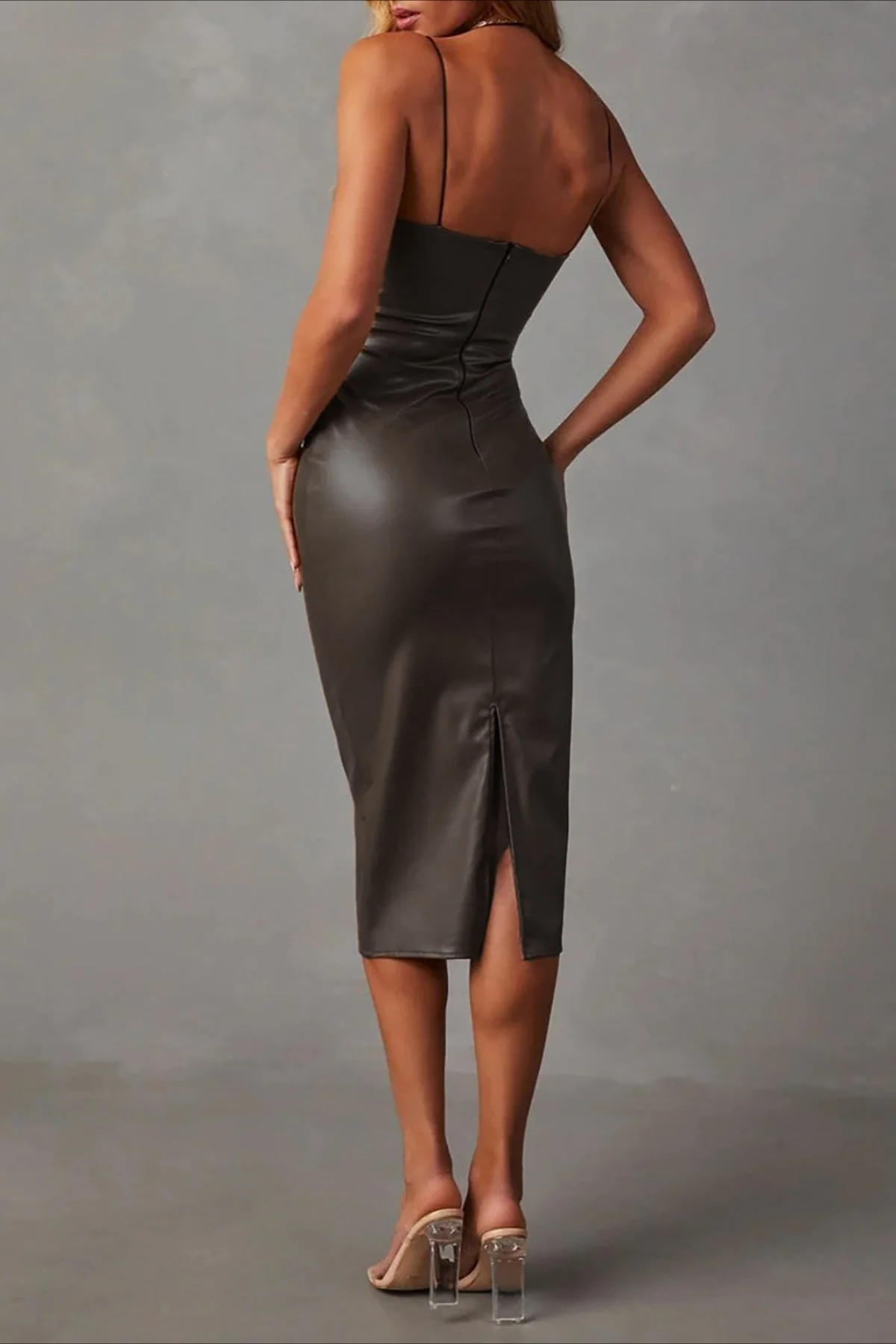 Vintage PU Leather Spaghetti Strap Bodycon Midi Dress - Image 10
