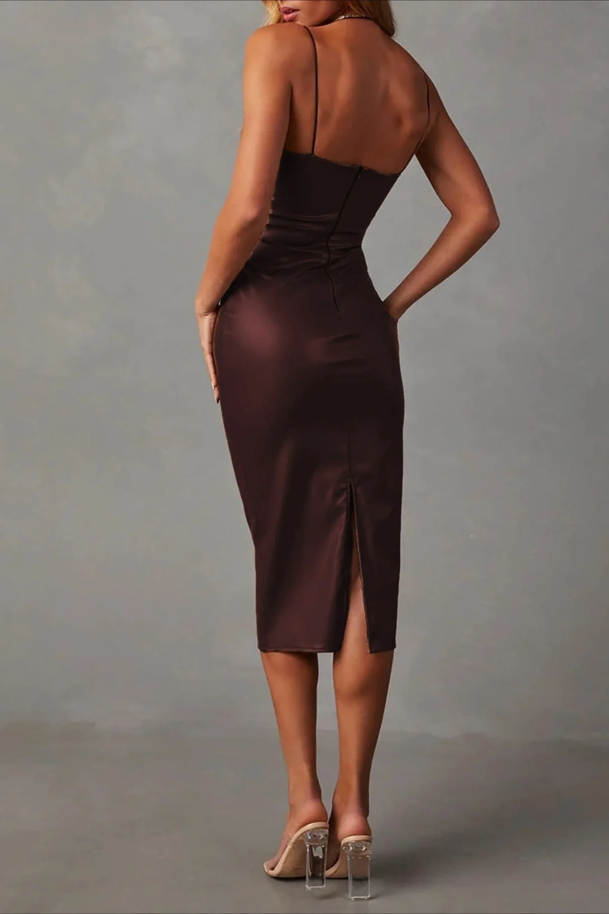 Vintage PU Leather Spaghetti Strap Bodycon Midi Dress - Image 7