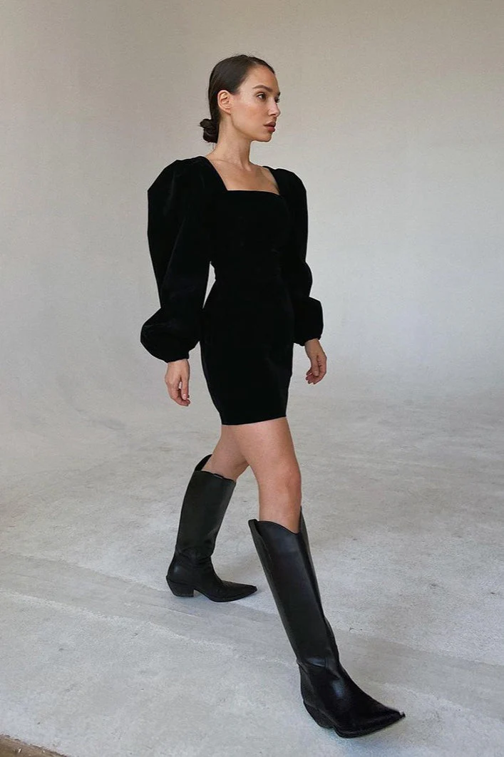 Vintage Puff Sleeve Velvet Black Mini Dress - Image 3
