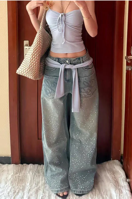 Vintage Rhinestone Wide Leg Jeans - Image 2