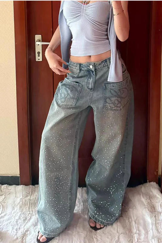 Vintage Rhinestone Wide Leg Jeans - Image 3