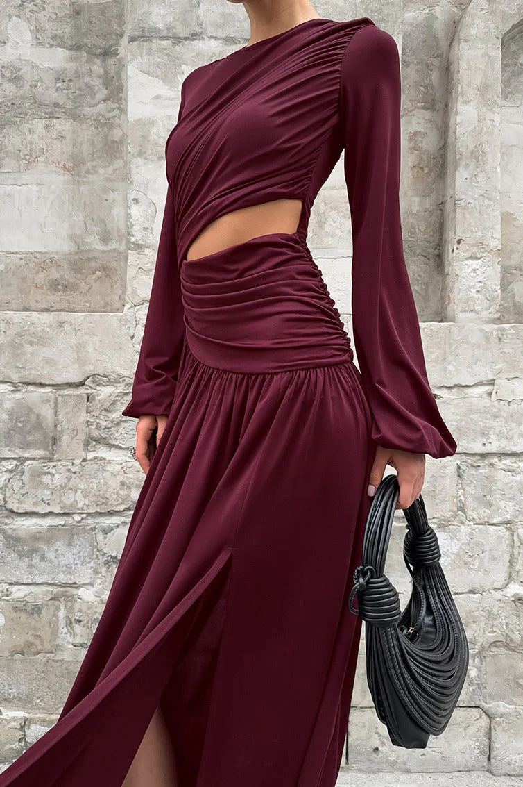Vintage Round Neck Long Sleeve Cutout Maxi Dress - Image 2