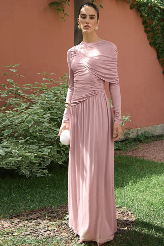 Vintage Ruched High Waist Long Sleeve Maxi Dress - Image 2