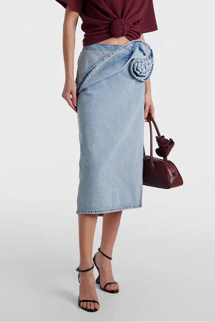 Vintage Ruched Rose Denim Skirt - Image 2