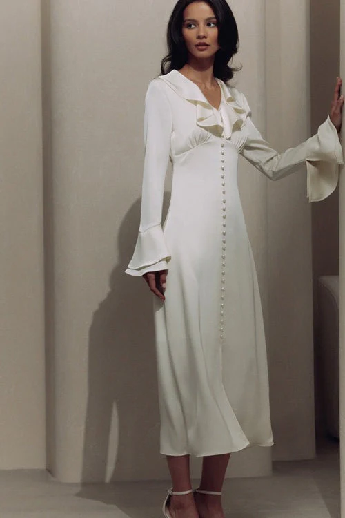 Vintage Ruffled V-Neck Flared Sleeve Maxi Dress - Image 4