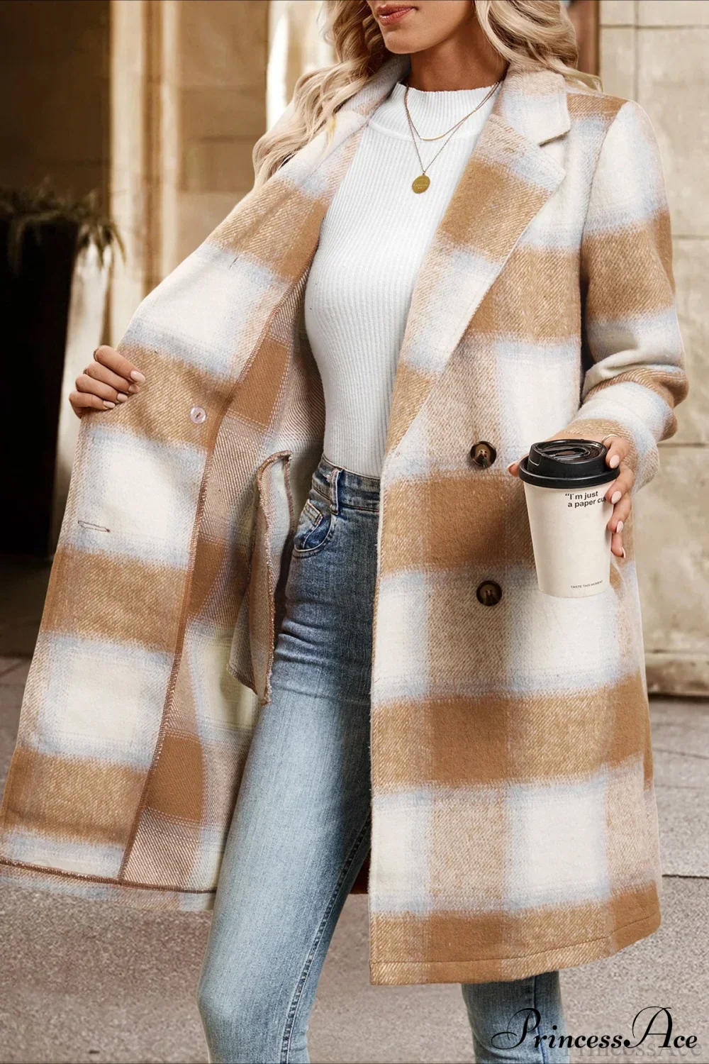 Vintage Sanded Plaid Tailored Collar Midi Wool Coat - Image 3