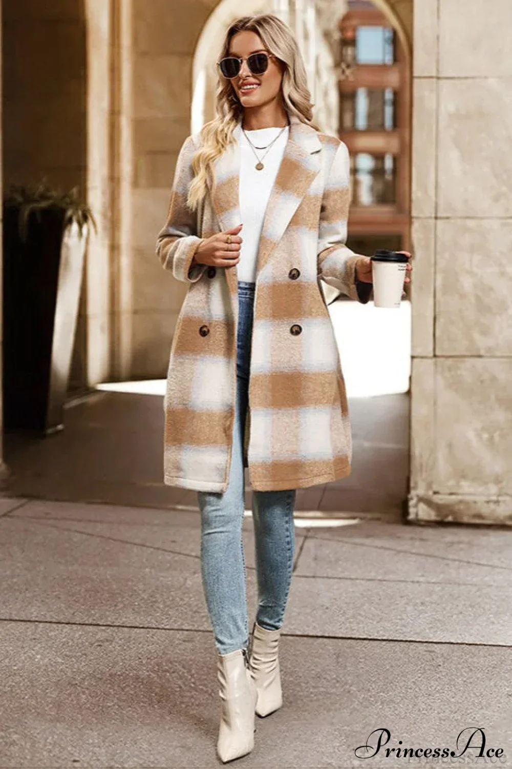 Vintage Sanded Plaid Tailored Collar Midi Wool Coat - Image 4