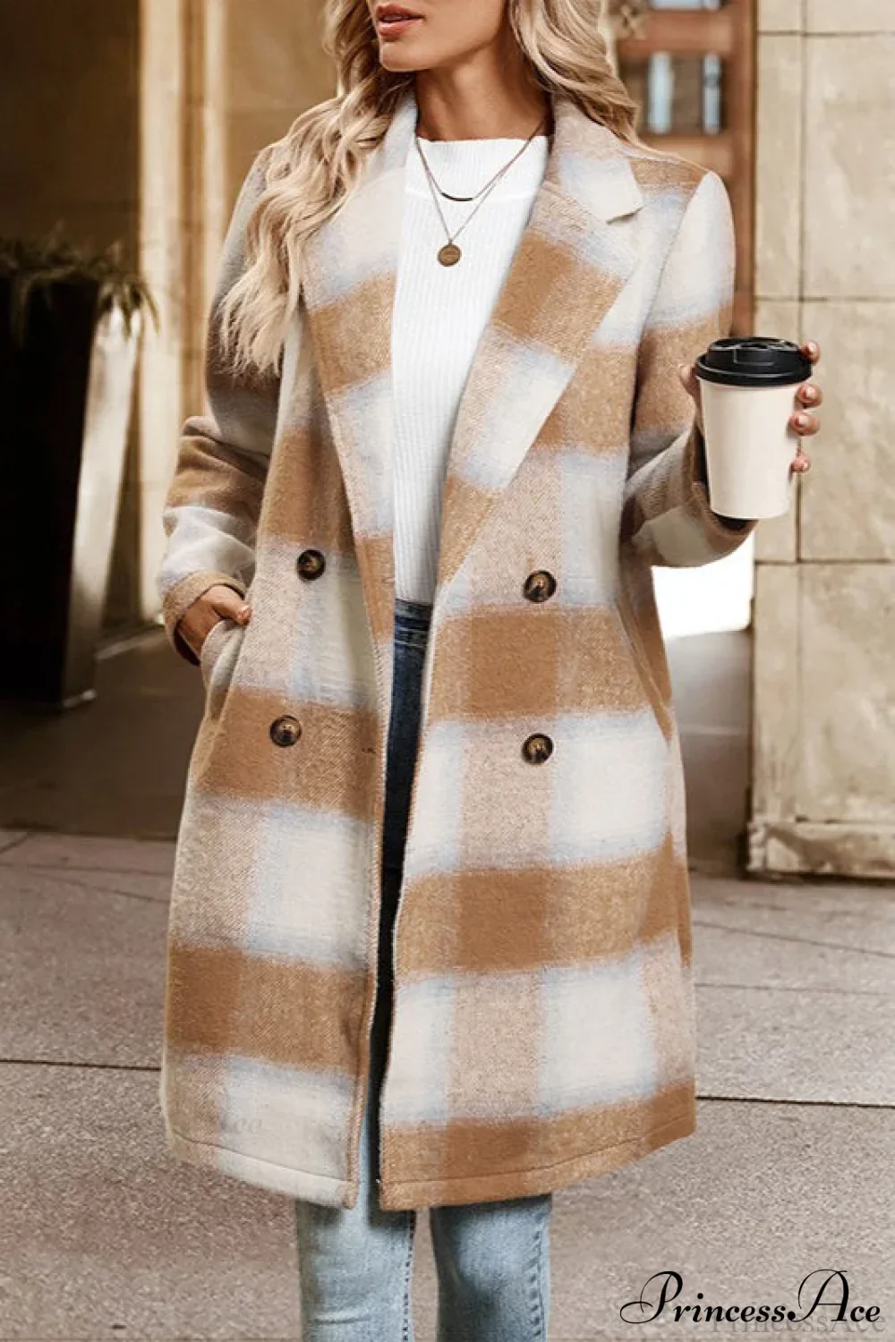 Vintage Sanded Plaid Tailored Collar Midi Wool Coat - Image 6