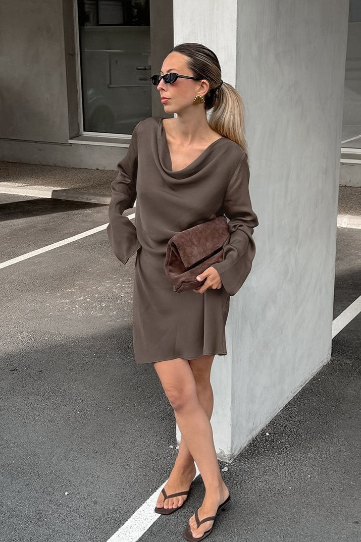 Vintage Satin Cowl Neck Long Sleeve Mini Dress - Image 2