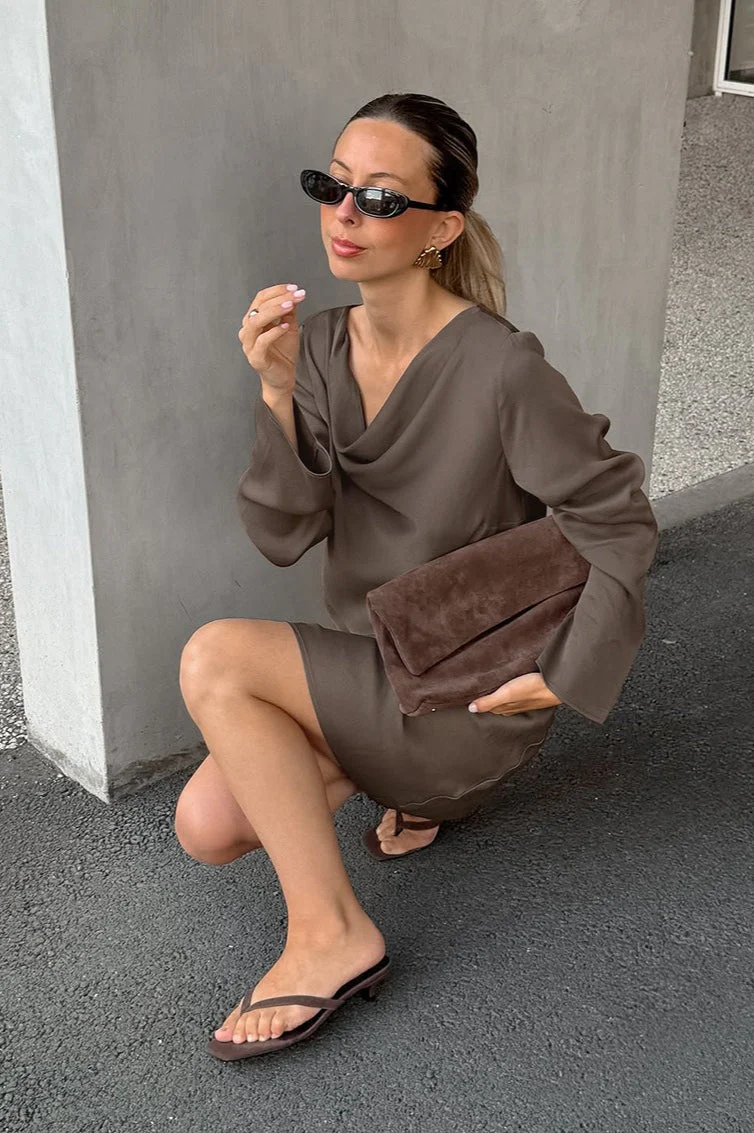 Vintage Satin Cowl Neck Long Sleeve Mini Dress - Image 3