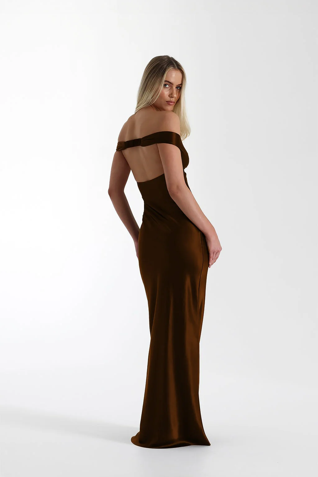 Vintage Satin Mermaid Off Shoulder Maxi Dress - Image 4