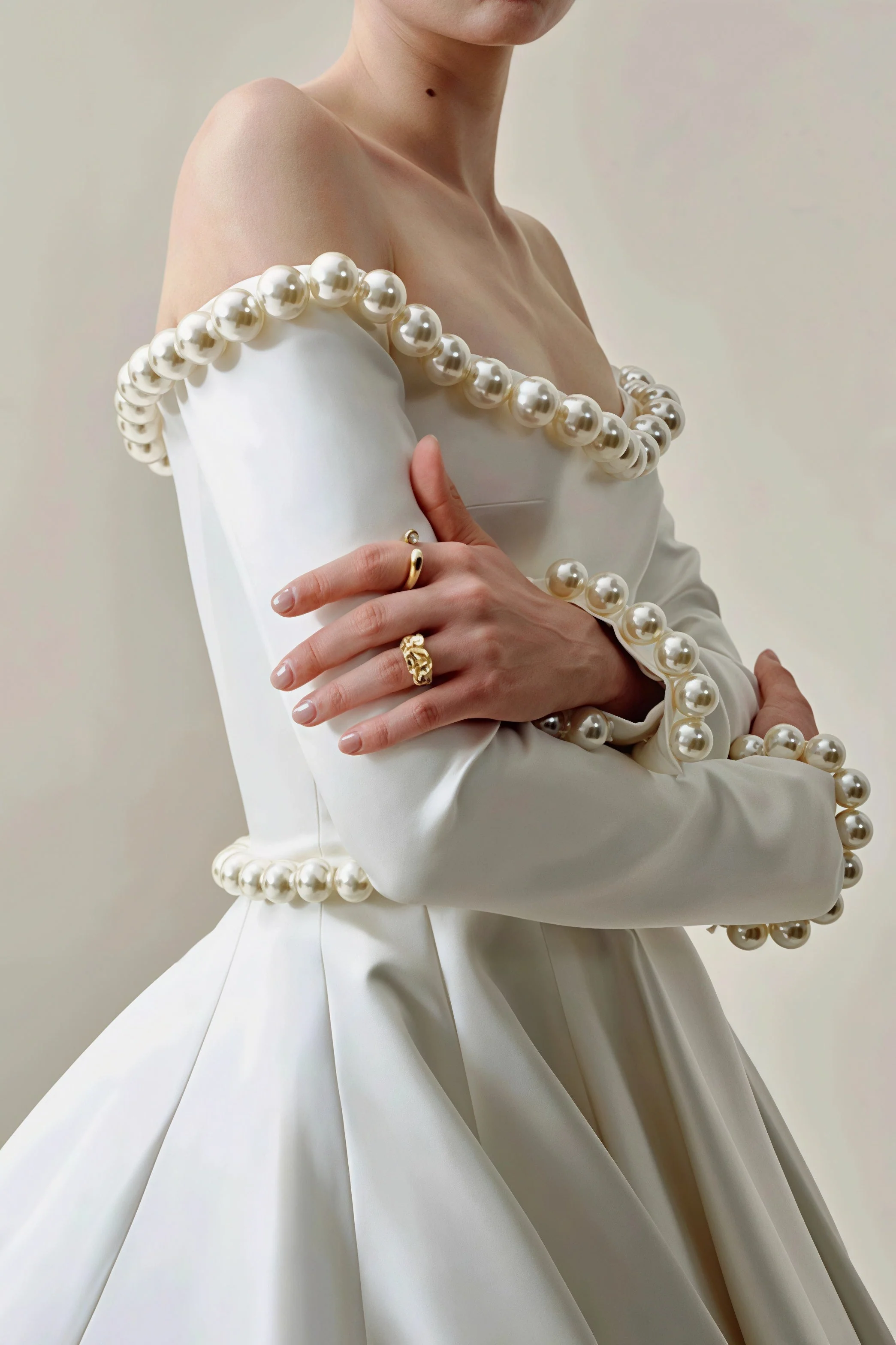 Vintage Satin Pearl Long Sleeve Off Shoulder Wedding Dress - Image 2