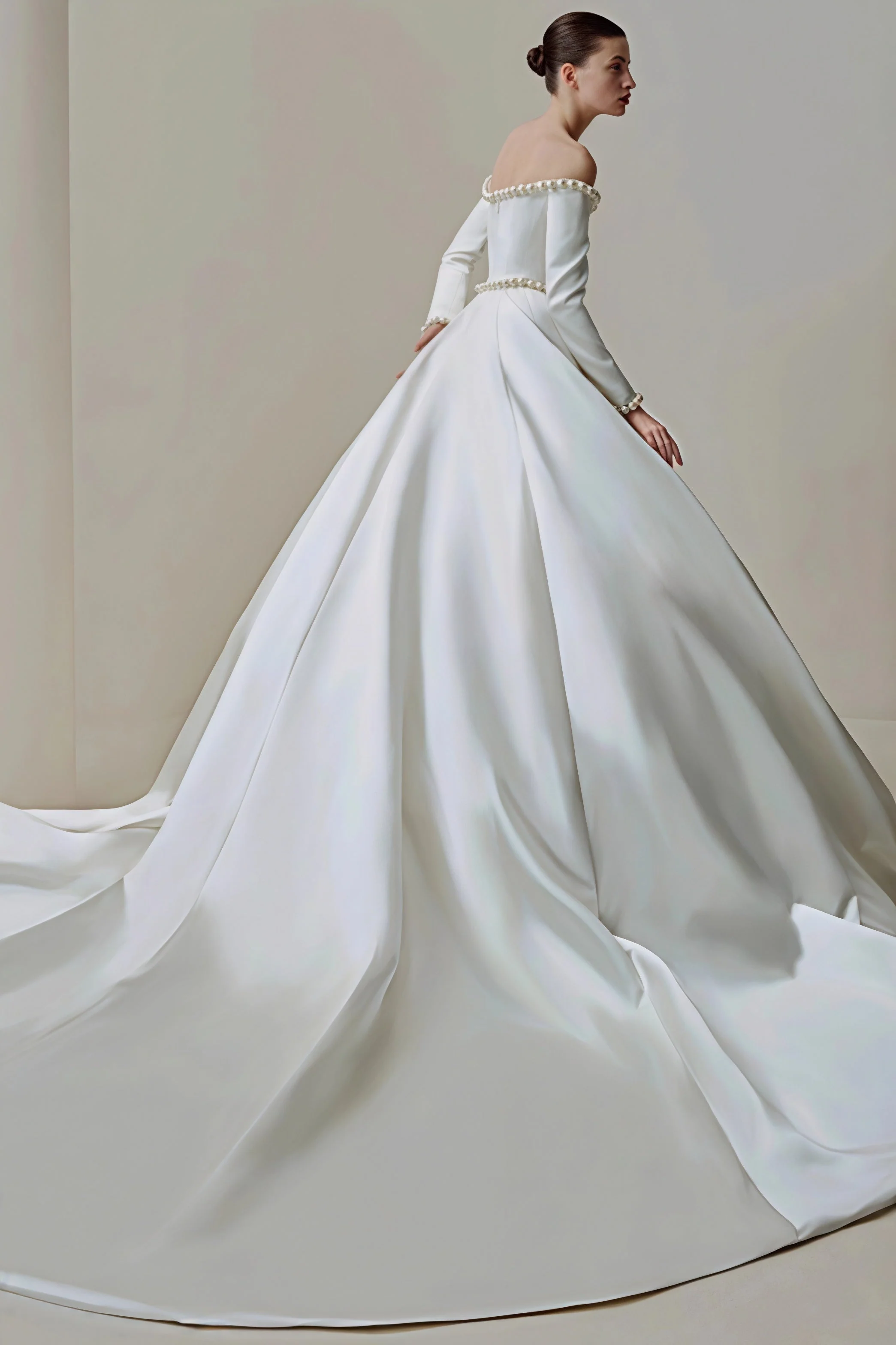Vintage Satin Pearl Long Sleeve Off Shoulder Wedding Dress - Image 3