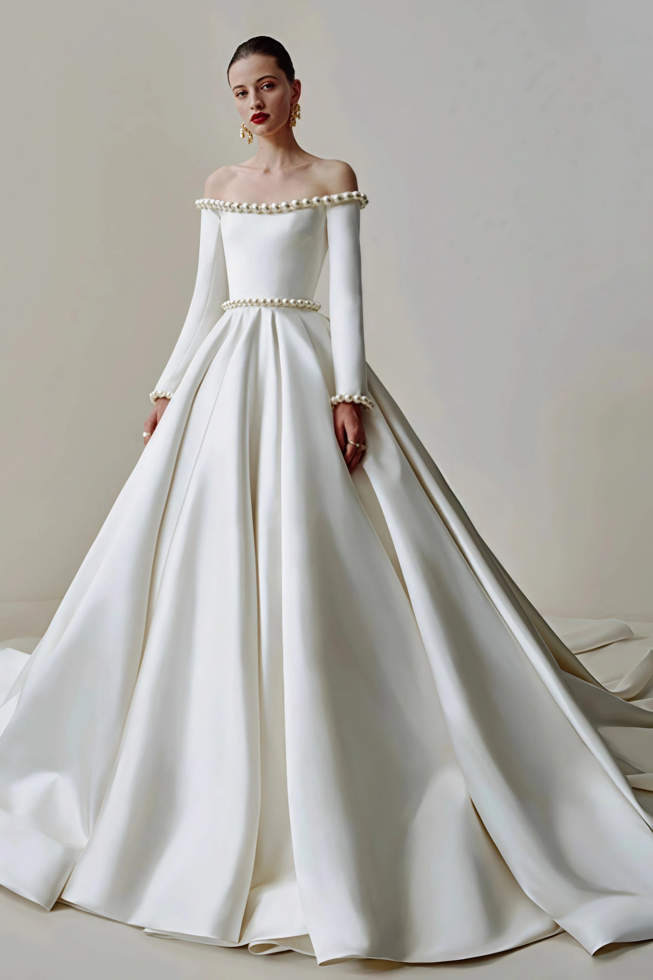 Vintage Satin Pearl Long Sleeve Off Shoulder Wedding Dress - Image 4