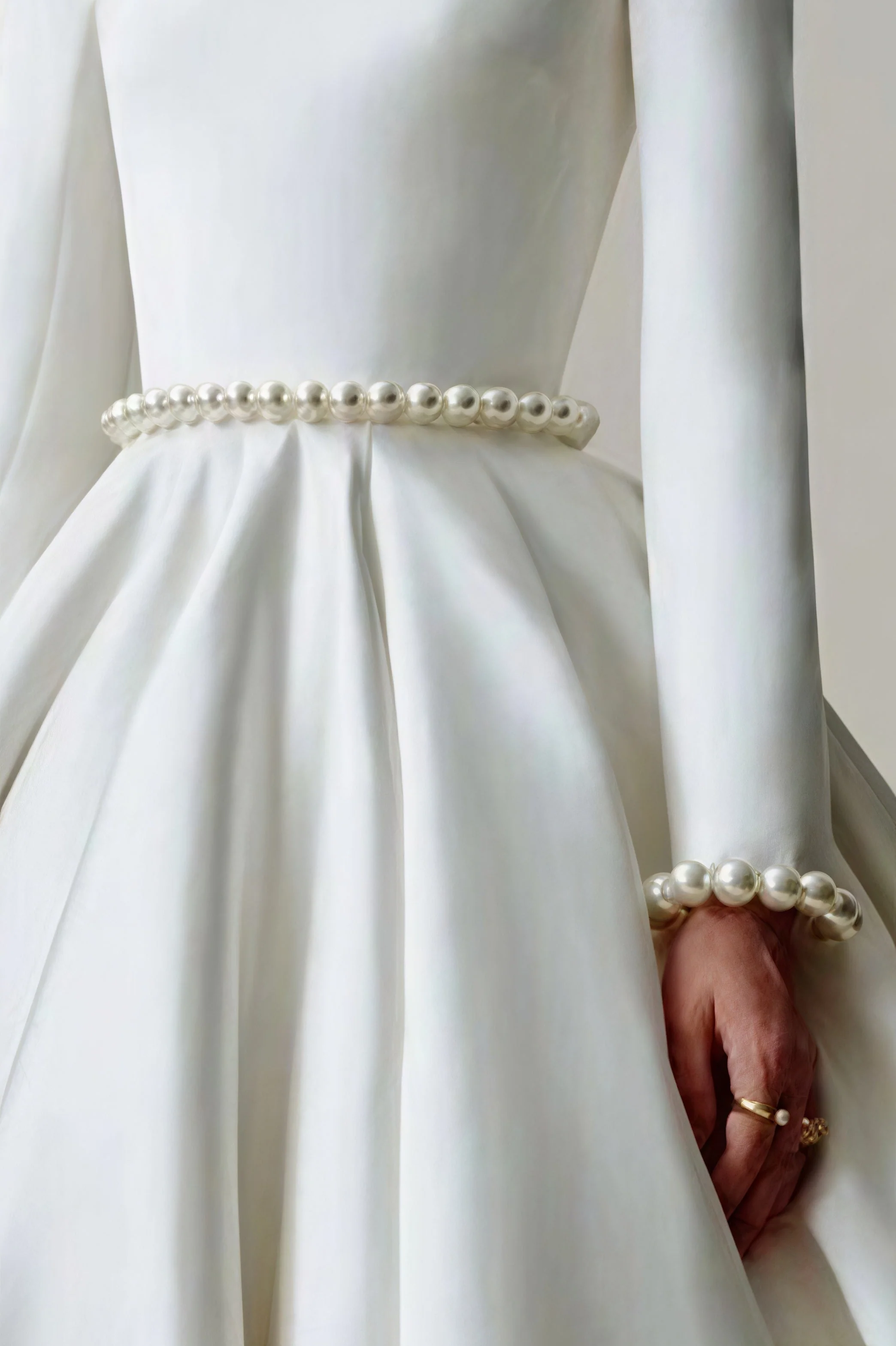 Vintage Satin Pearl Long Sleeve Off Shoulder Wedding Dress - Image 5