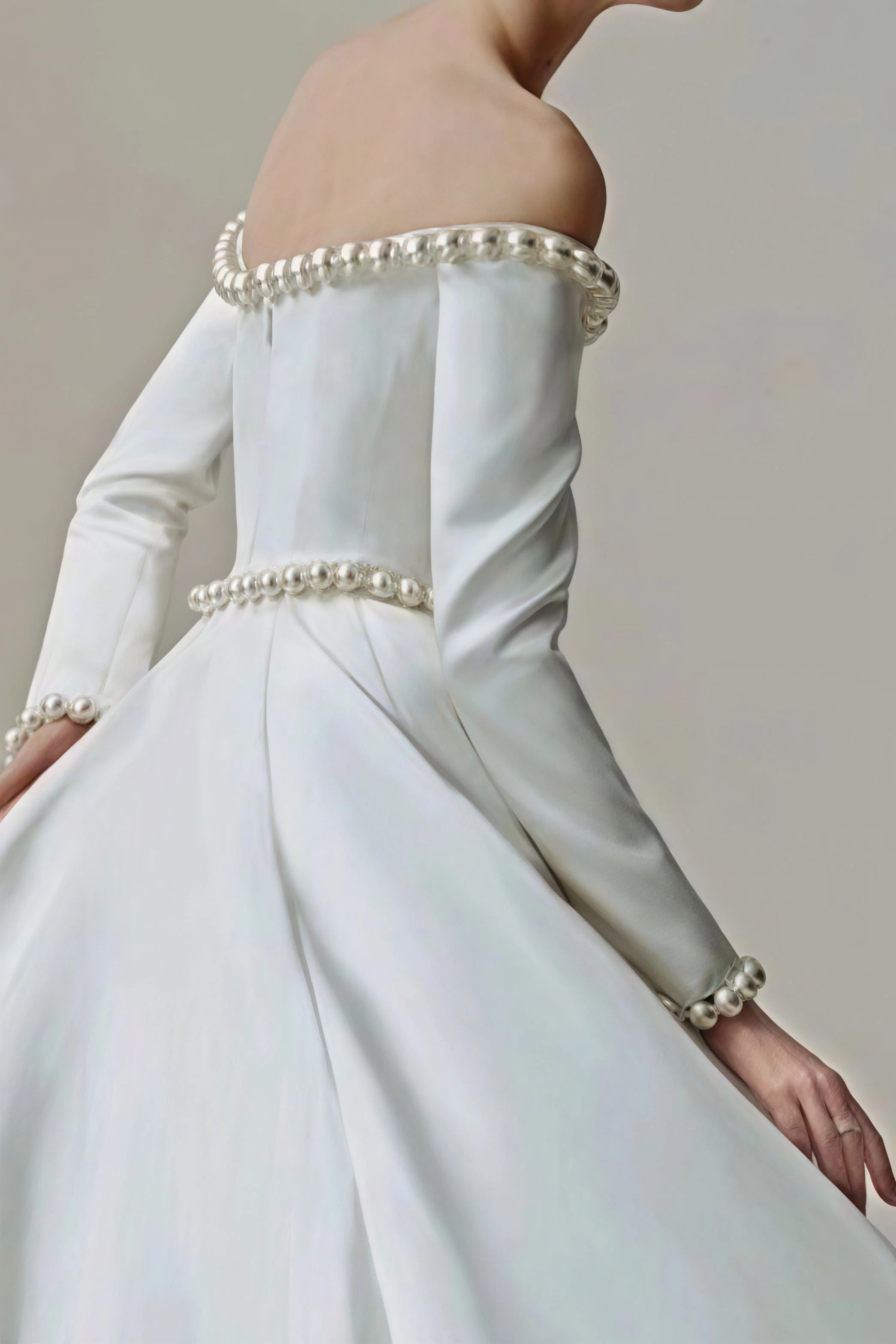 Vintage Satin Pearl Long Sleeve Off Shoulder Wedding Dress - Image 6