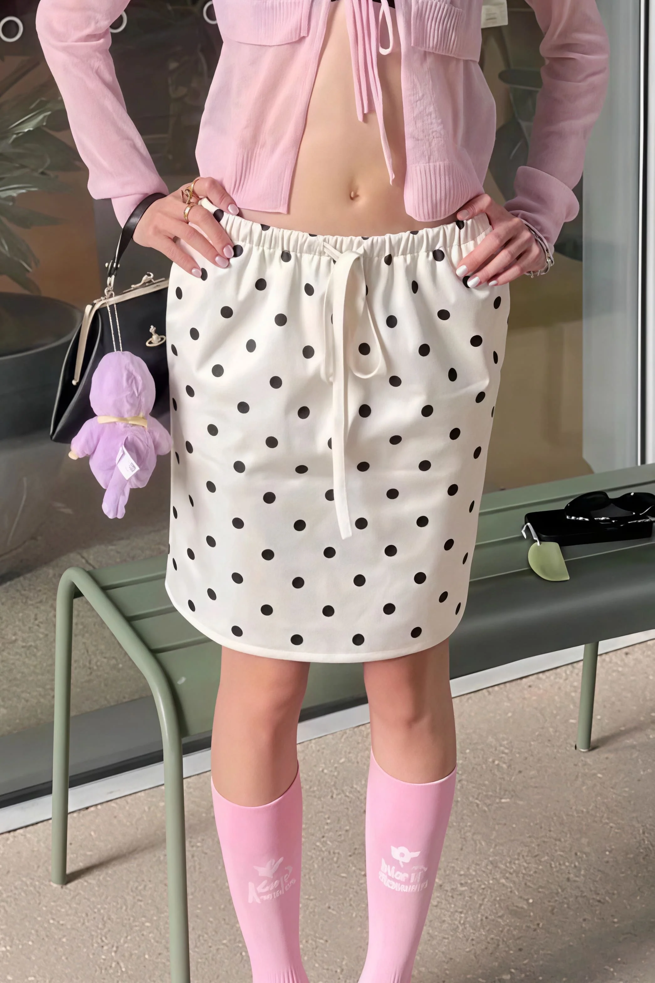 Vintage Satin Polka Dot Drawstring Midi Skirt - Image 3