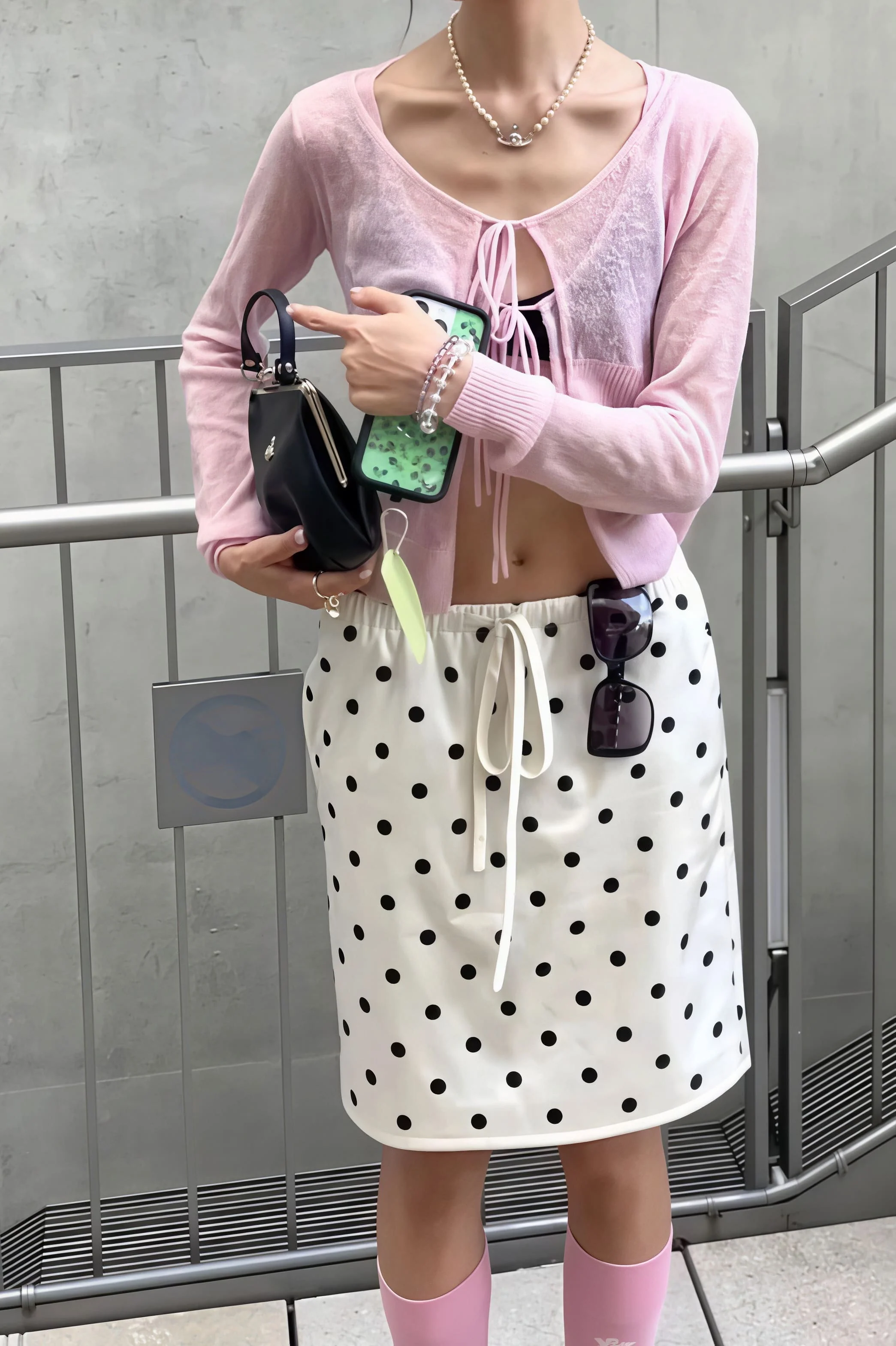 Vintage Satin Polka Dot Drawstring Midi Skirt - Image 4