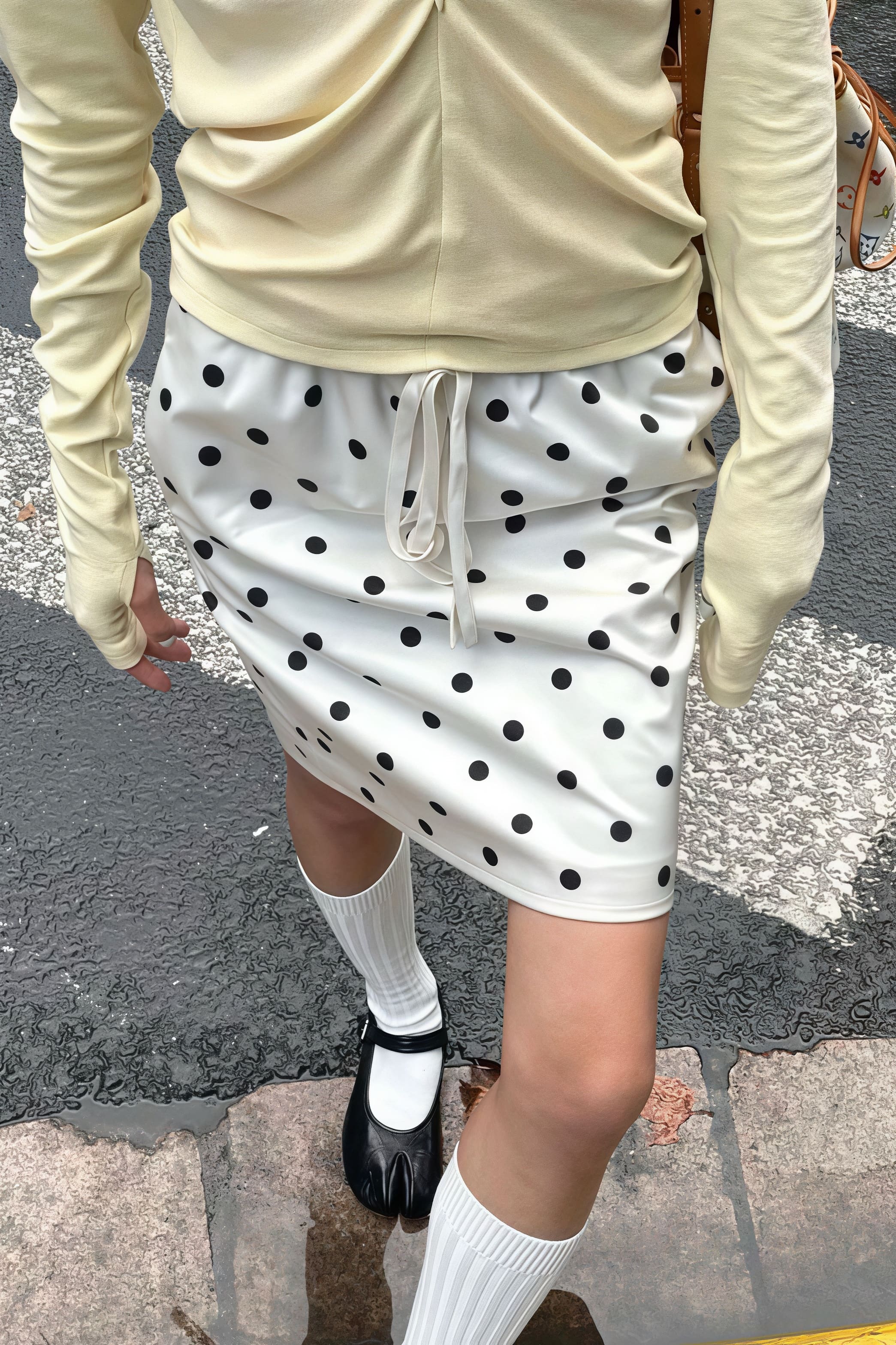 Vintage Satin Polka Dot Drawstring Midi Skirt - Image 5