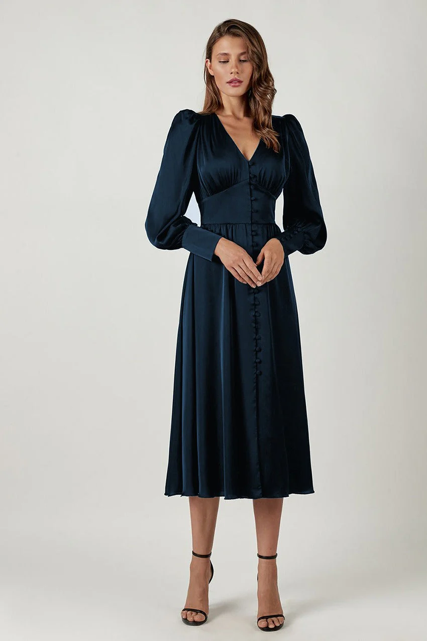 Vintage Satin Puff Sleeve Tailored Midi Dress - Image 10