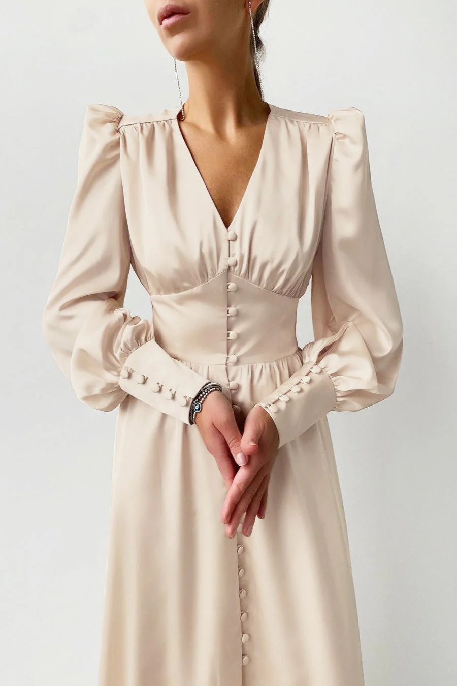Vintage Satin Puff Sleeve Tailored Midi Dress - Image 3