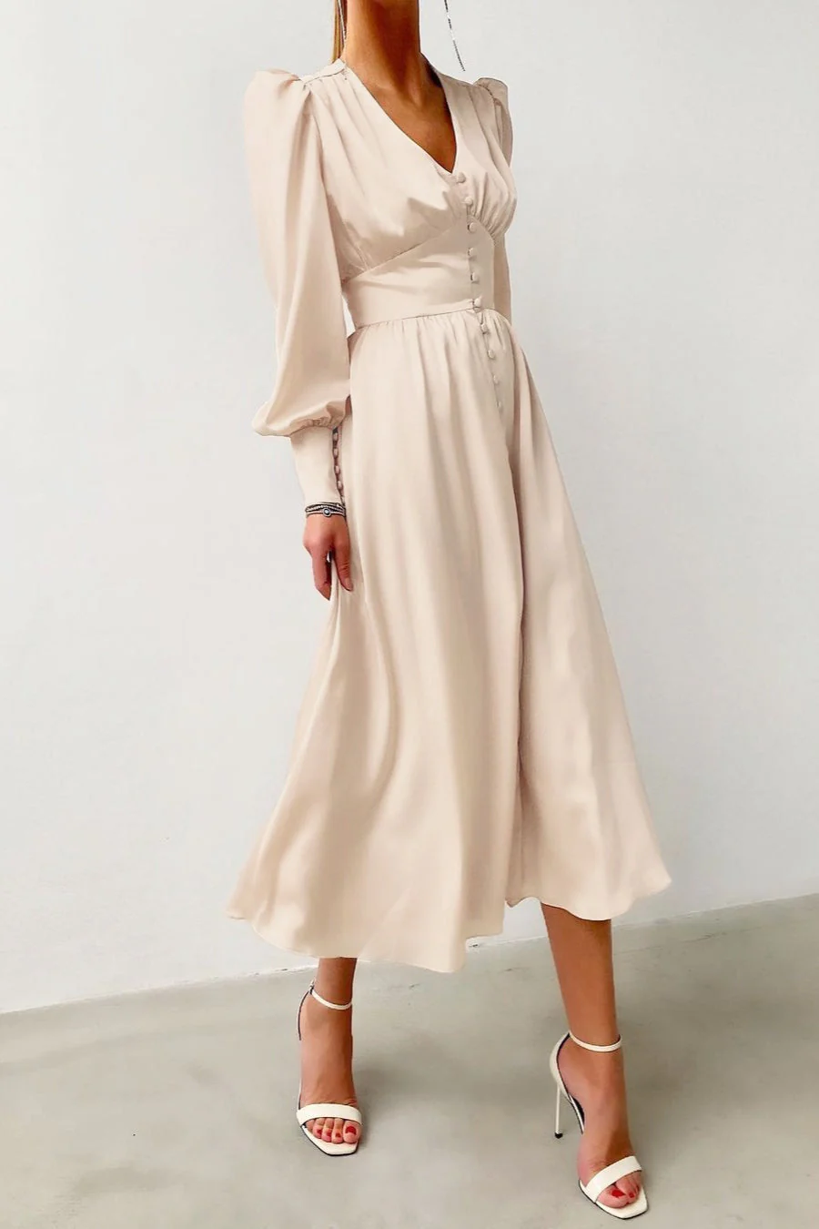 Vintage Satin Puff Sleeve Tailored Midi Dress - Image 4