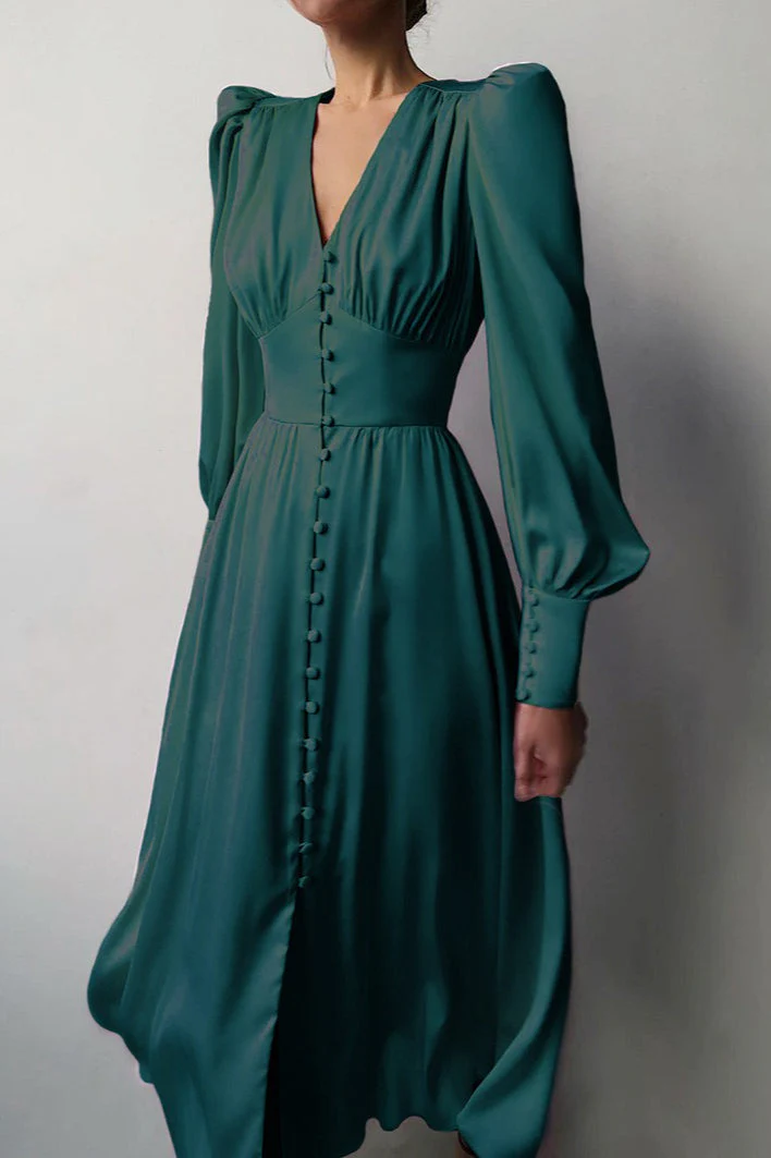 Vintage Satin Puff Sleeve Tailored Midi Dress - Image 5