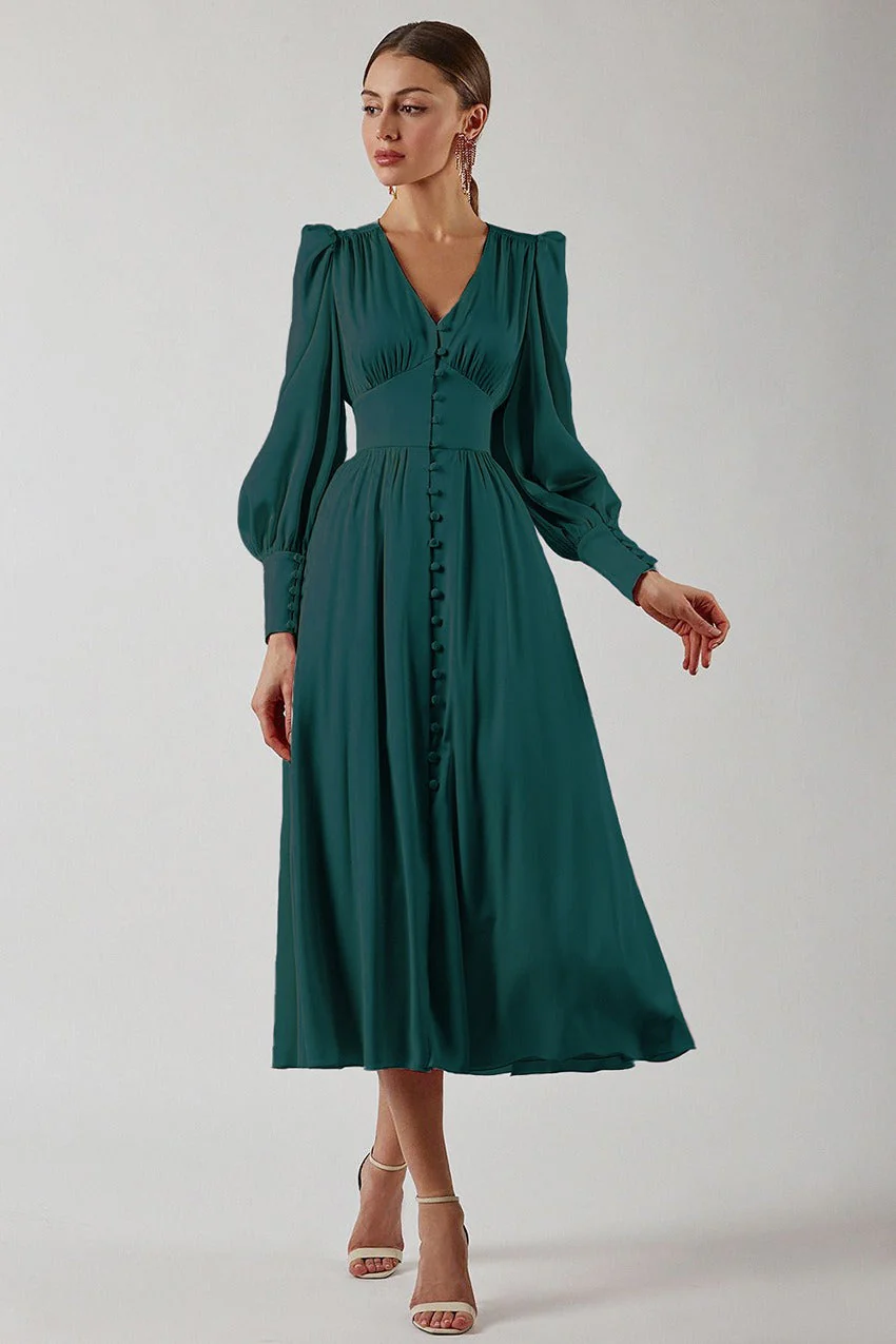 Vintage Satin Puff Sleeve Tailored Midi Dress - Image 6
