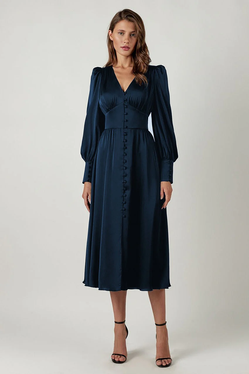 Vintage Satin Puff Sleeve Tailored Midi Dress - Image 9