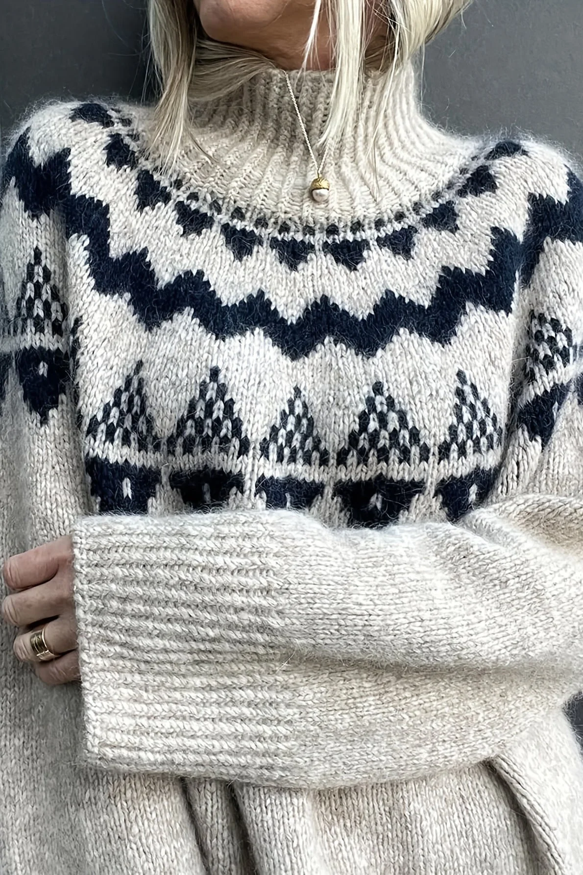 Vintage Slouchy Jacquard Loose Knit Pullover Sweater - Image 2