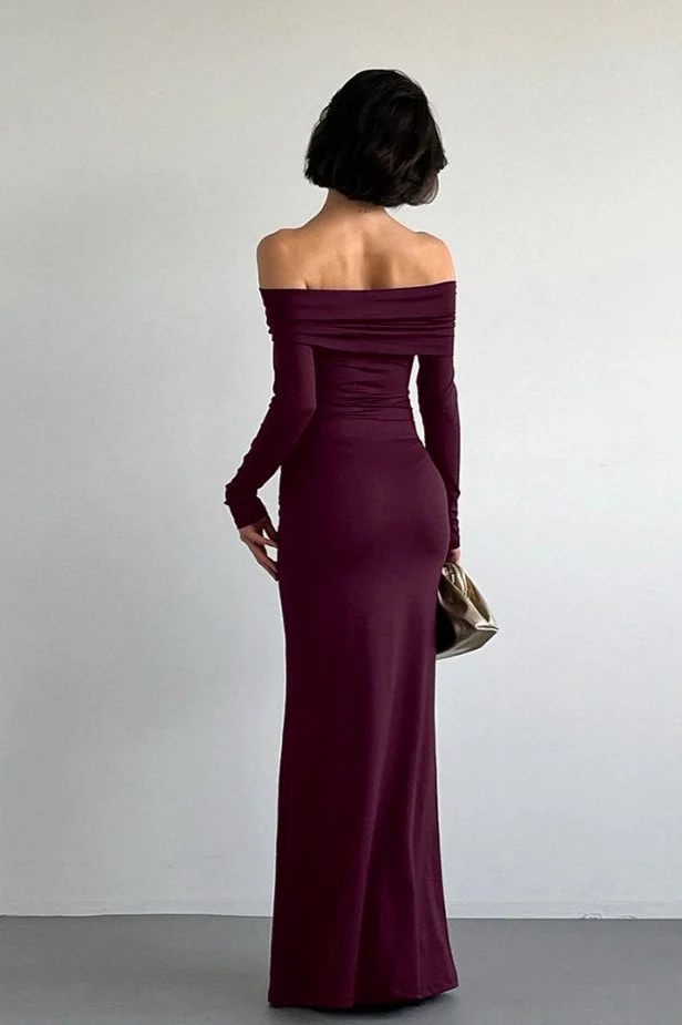 Vintage Solid Off-the-shoulder Bodycon Maxi Dress - Image 2