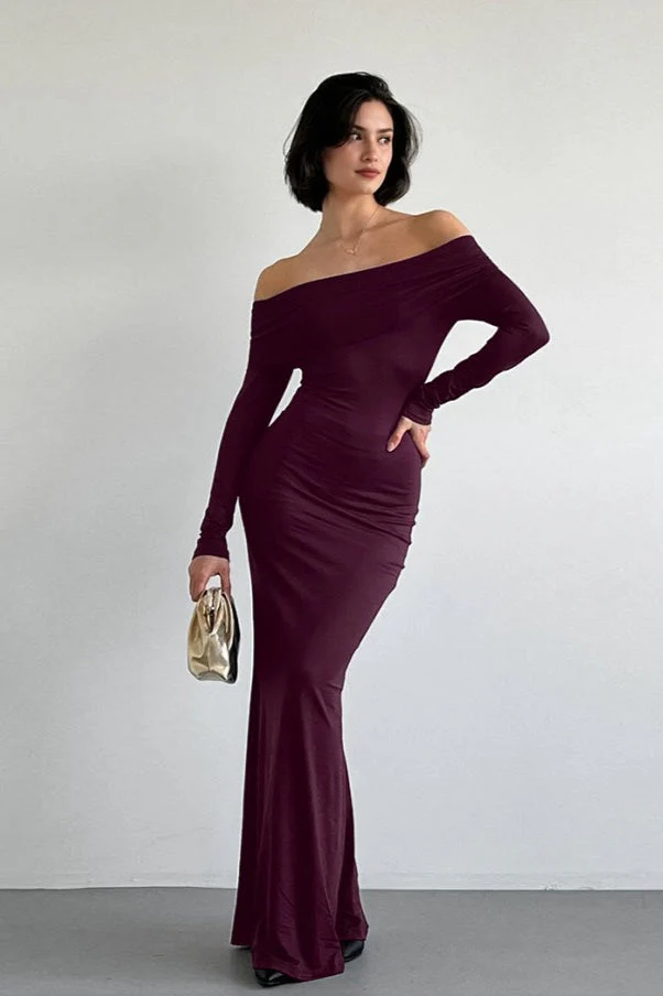 Vintage Solid Off-the-shoulder Bodycon Maxi Dress - Image 3