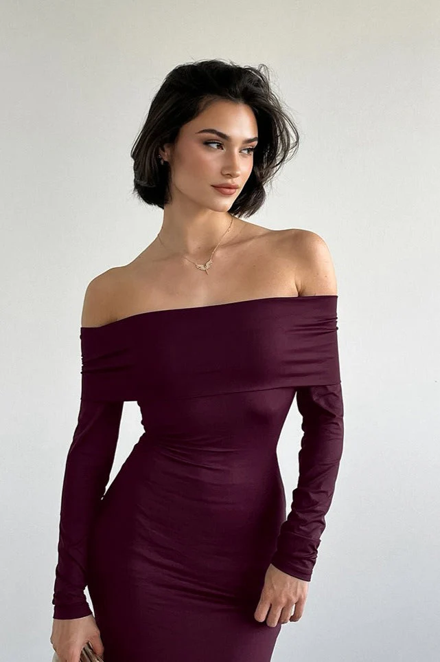 Vintage Solid Off-the-shoulder Bodycon Maxi Dress - Image 4