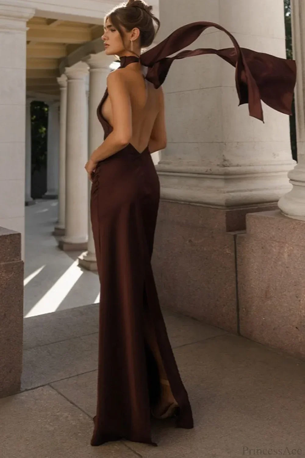 Vintage Solid Satin Backless Maxi Dress - Image 2