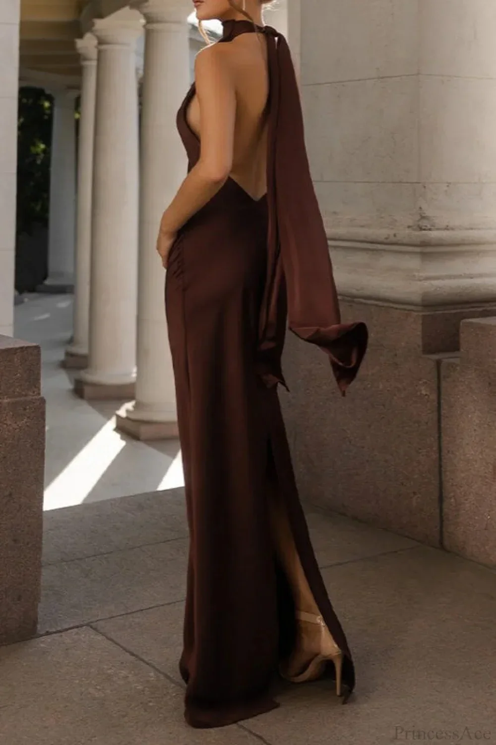 Vintage Solid Satin Backless Maxi Dress - Image 3