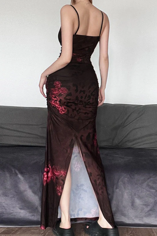 Vintage Spaghetti Strap Bodycon Retro Print Maxi Dress - Image 4