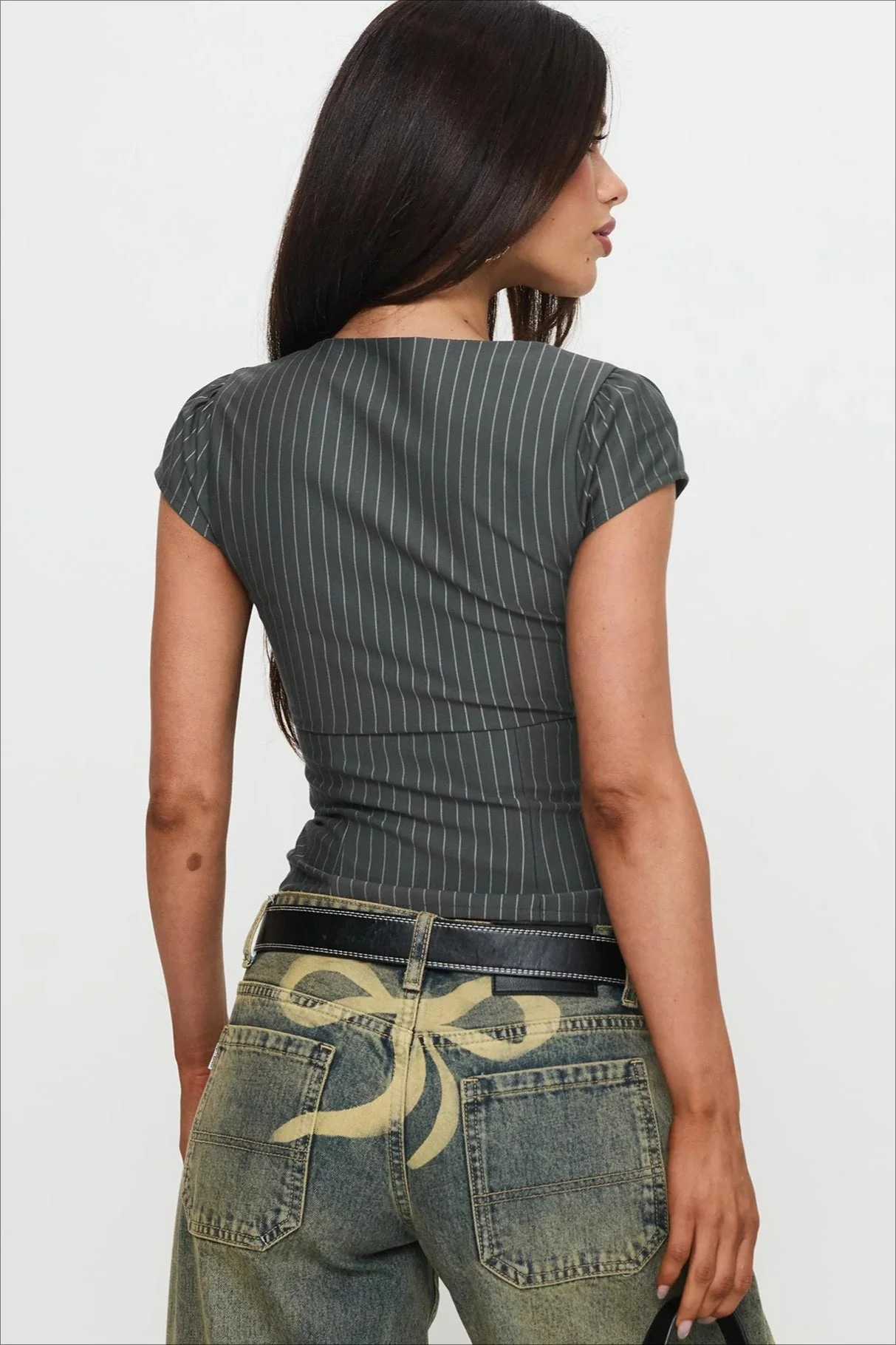 Vintage Square Neck Double Zip Stripe Blouse - Image 5