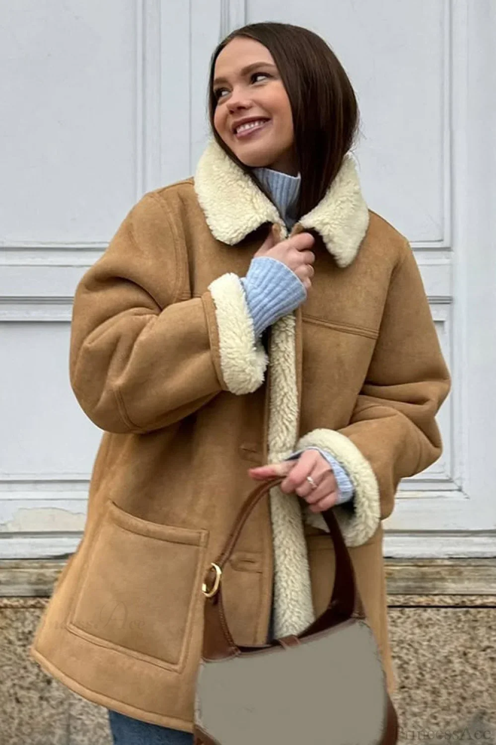 Vintage Suede Sherpa-Lined Wide Lapel Coat - Image 2