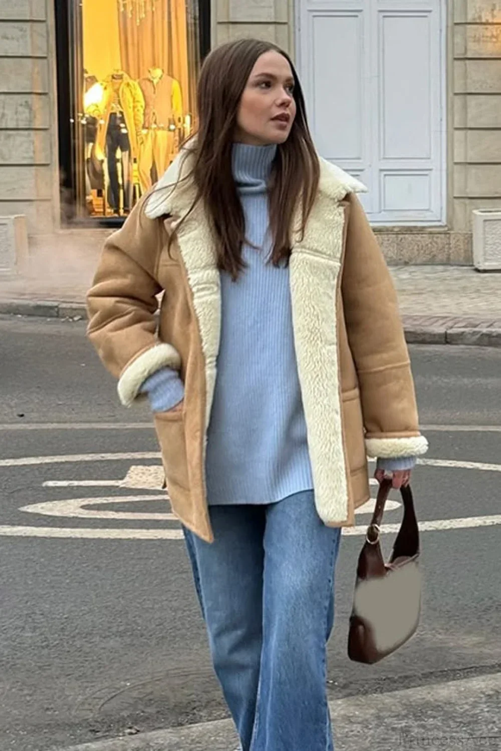 Vintage Suede Sherpa-Lined Wide Lapel Coat - Image 3
