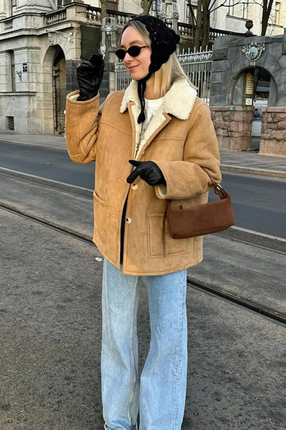 Vintage Suede Sherpa-Lined Wide Lapel Coat - Image 6