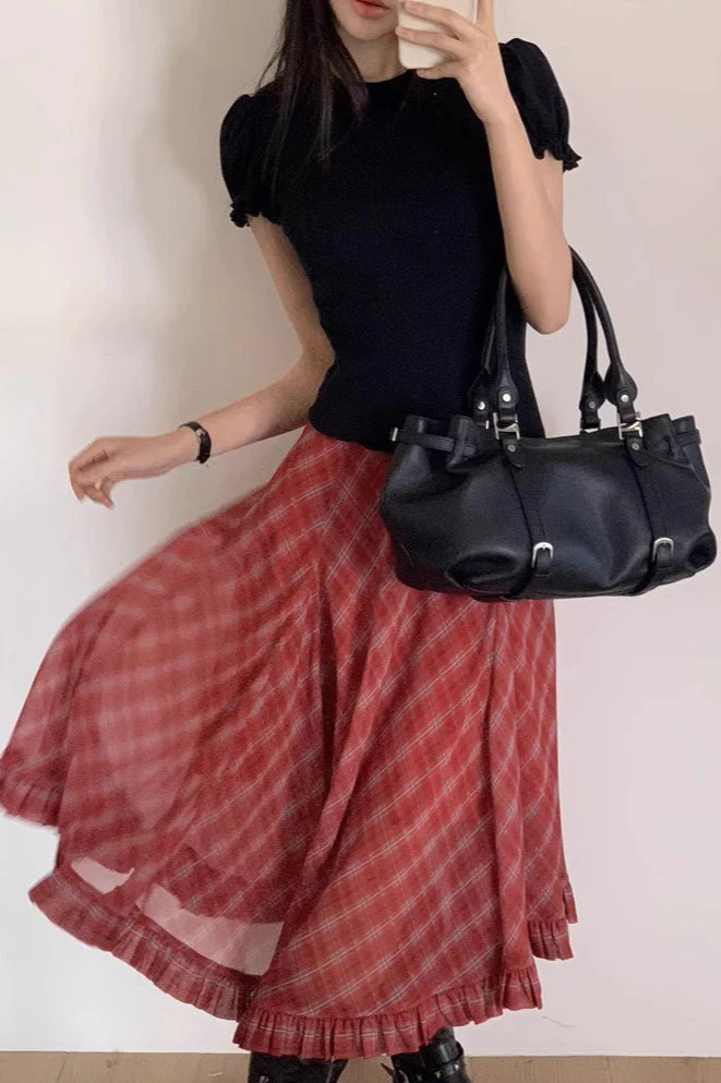 Vintage Two-Tone Plaid Asymmetrical Skirt - Image 2