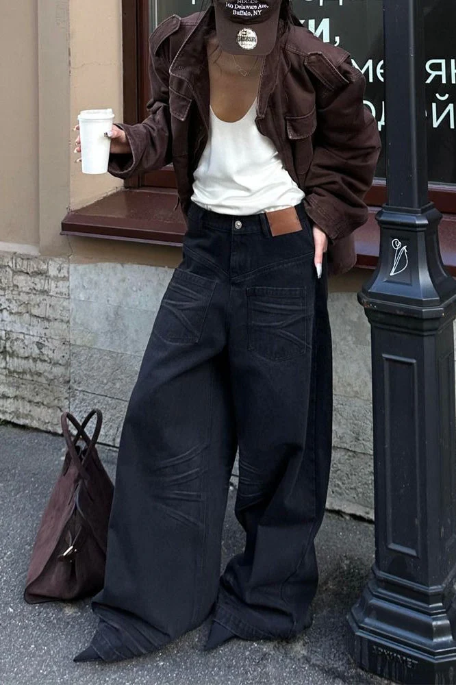 Vintage Washed Reverse Pocket Wide Leg Floor Jeans - Image 4