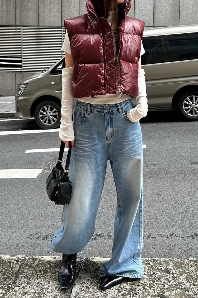 Vintage Washed Whisker Wide Leg Denim Jeans - Image 2