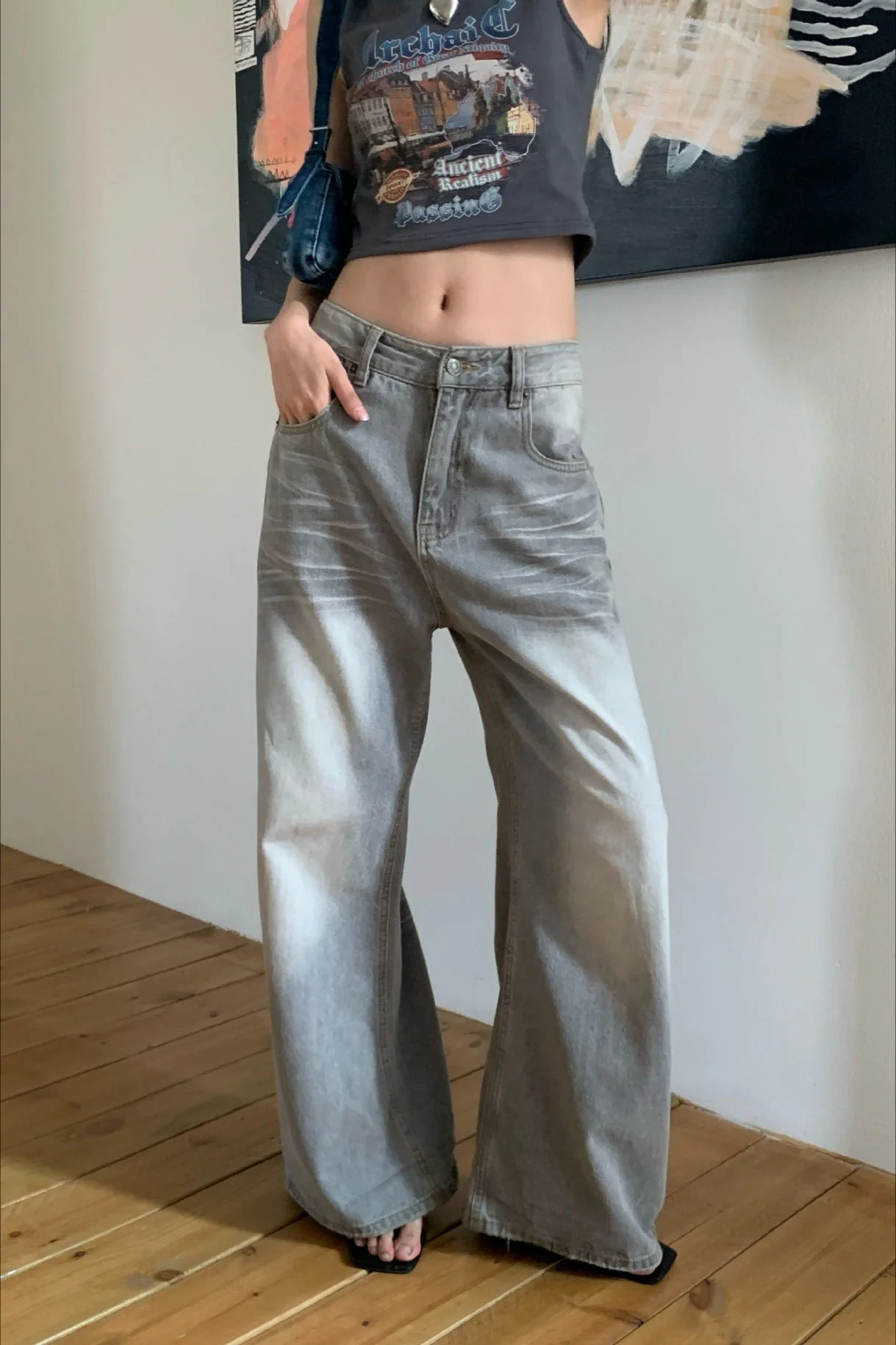 Vintage Washed Whisker Wide Leg Denim Jeans - Image 4