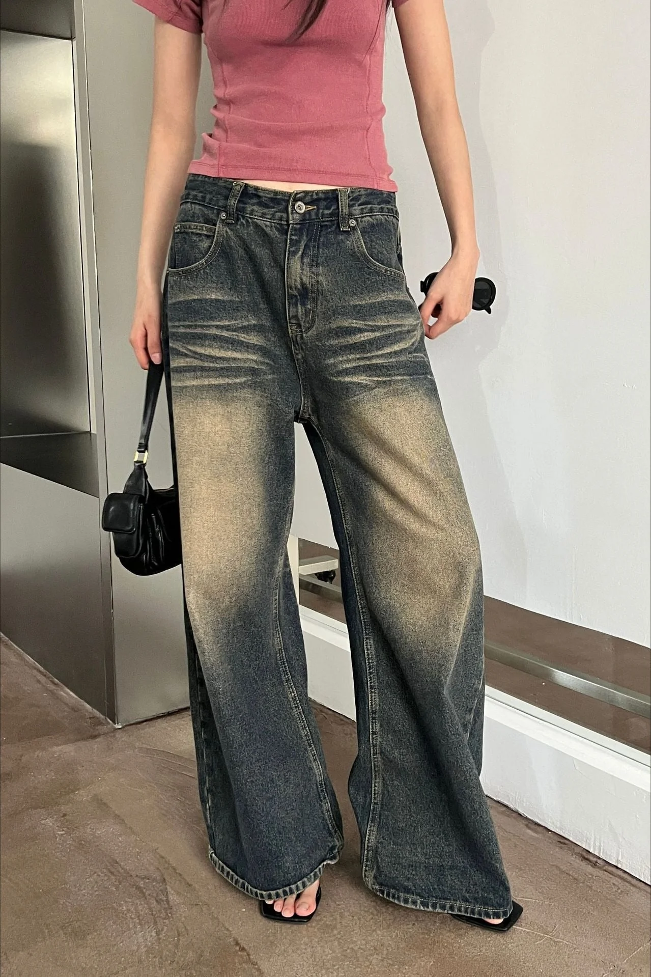 Vintage Washed Whisker Wide Leg Denim Jeans - Image 7