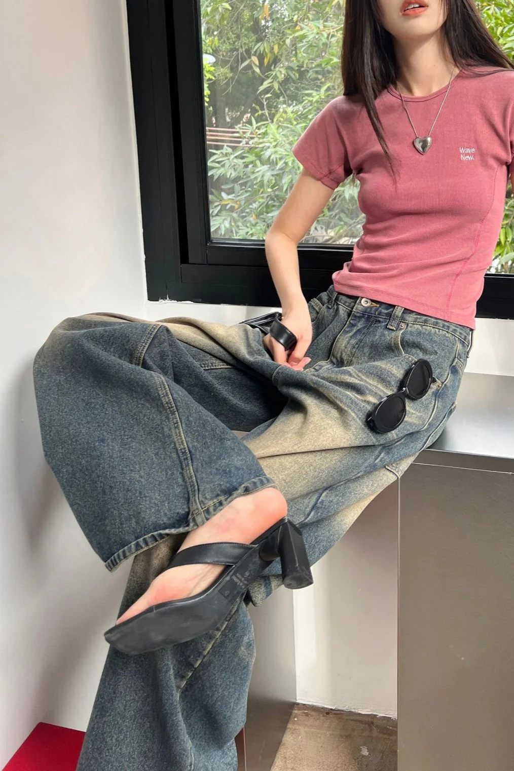 Vintage Washed Whisker Wide Leg Denim Jeans - Image 9