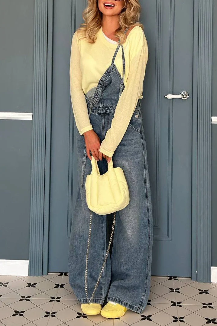 Vintage Washed Wide-Leg Overall Jeans - Image 4
