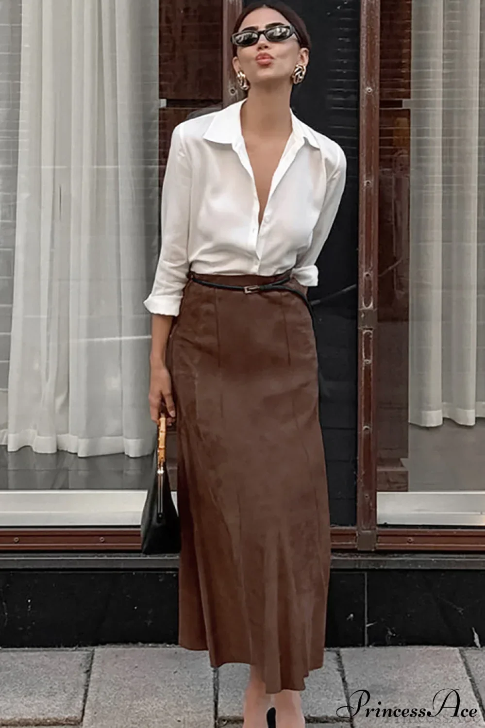 Retro Brown Suede High Waist Maxi Skirt - Image 2