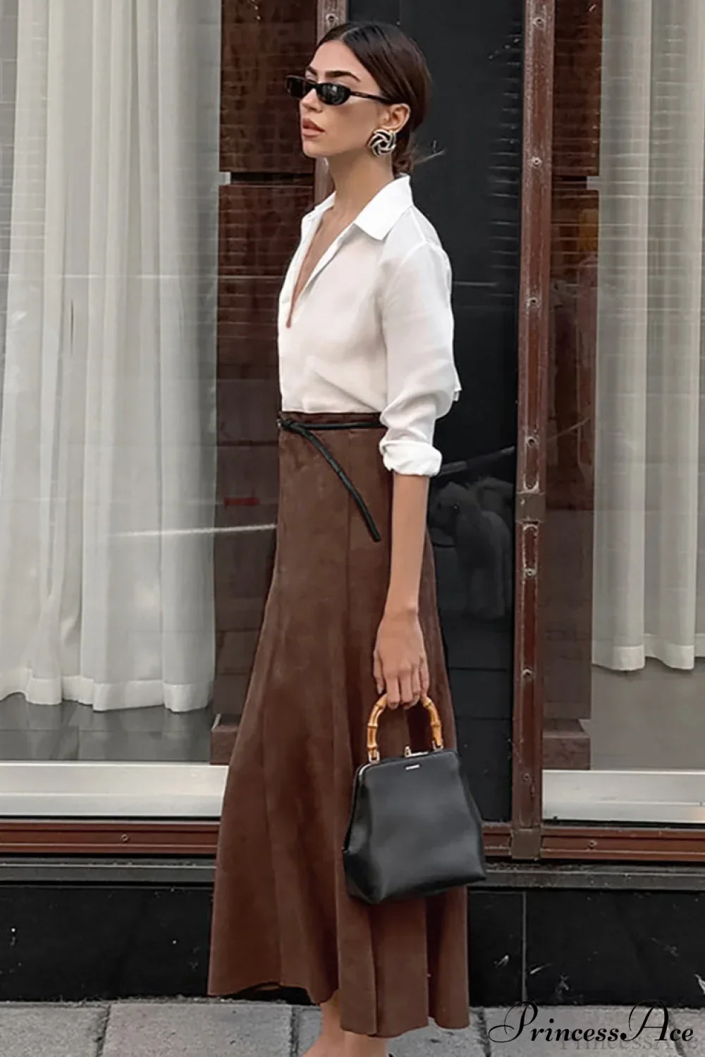 Retro Brown Suede High Waist Maxi Skirt - Image 3