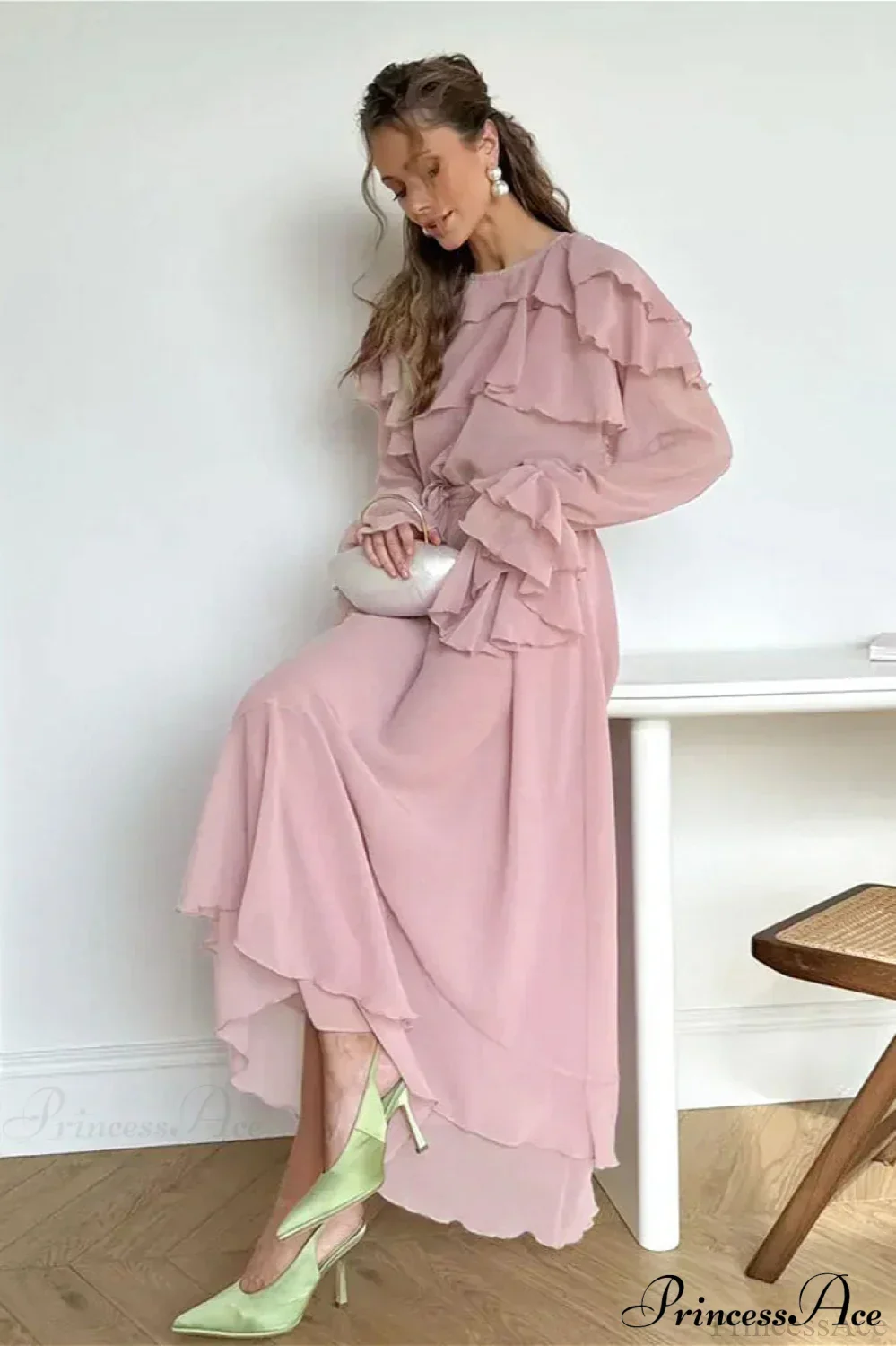 Waist Cinch Ruffled Semi Sheer Elegant Maxi Dress - Image 2